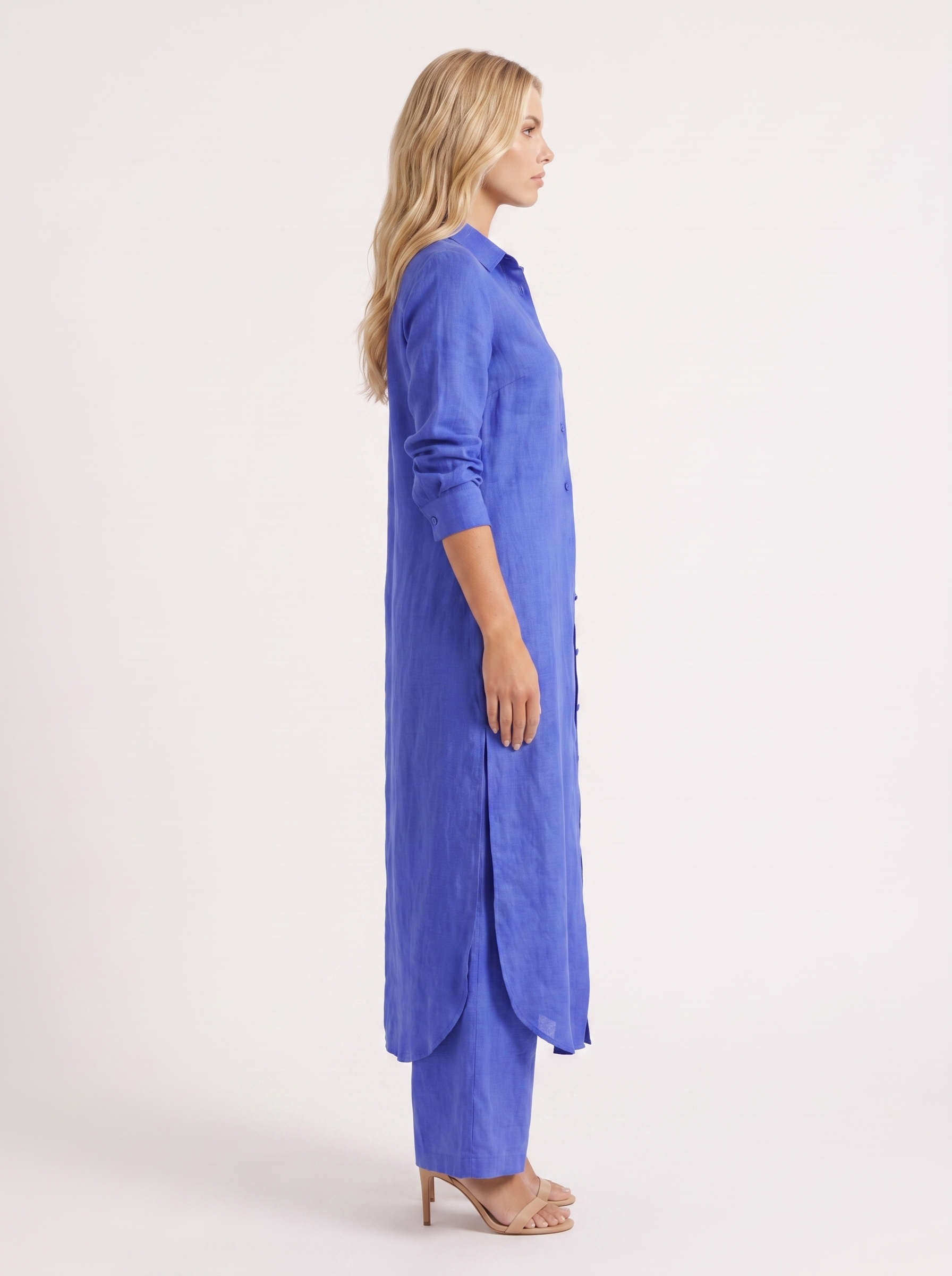 Women blue pants set with long collared shirt and button front
