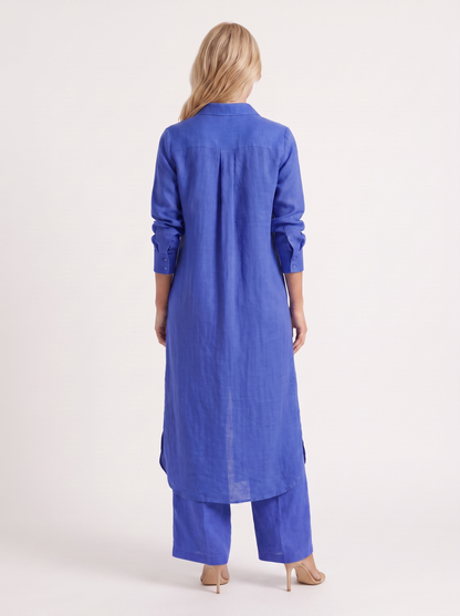 Women blue pants set with long collared shirt and button front