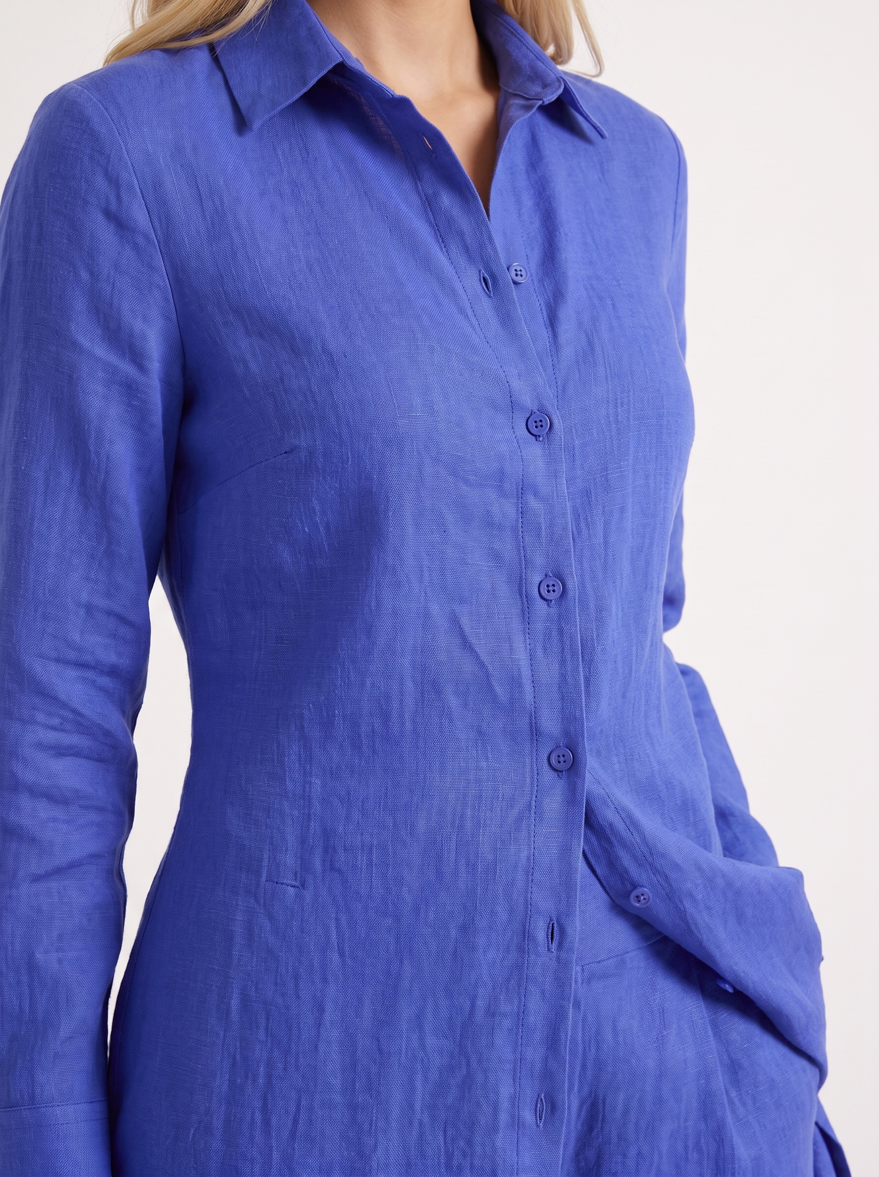 Women blue pants set with long collared shirt and button front