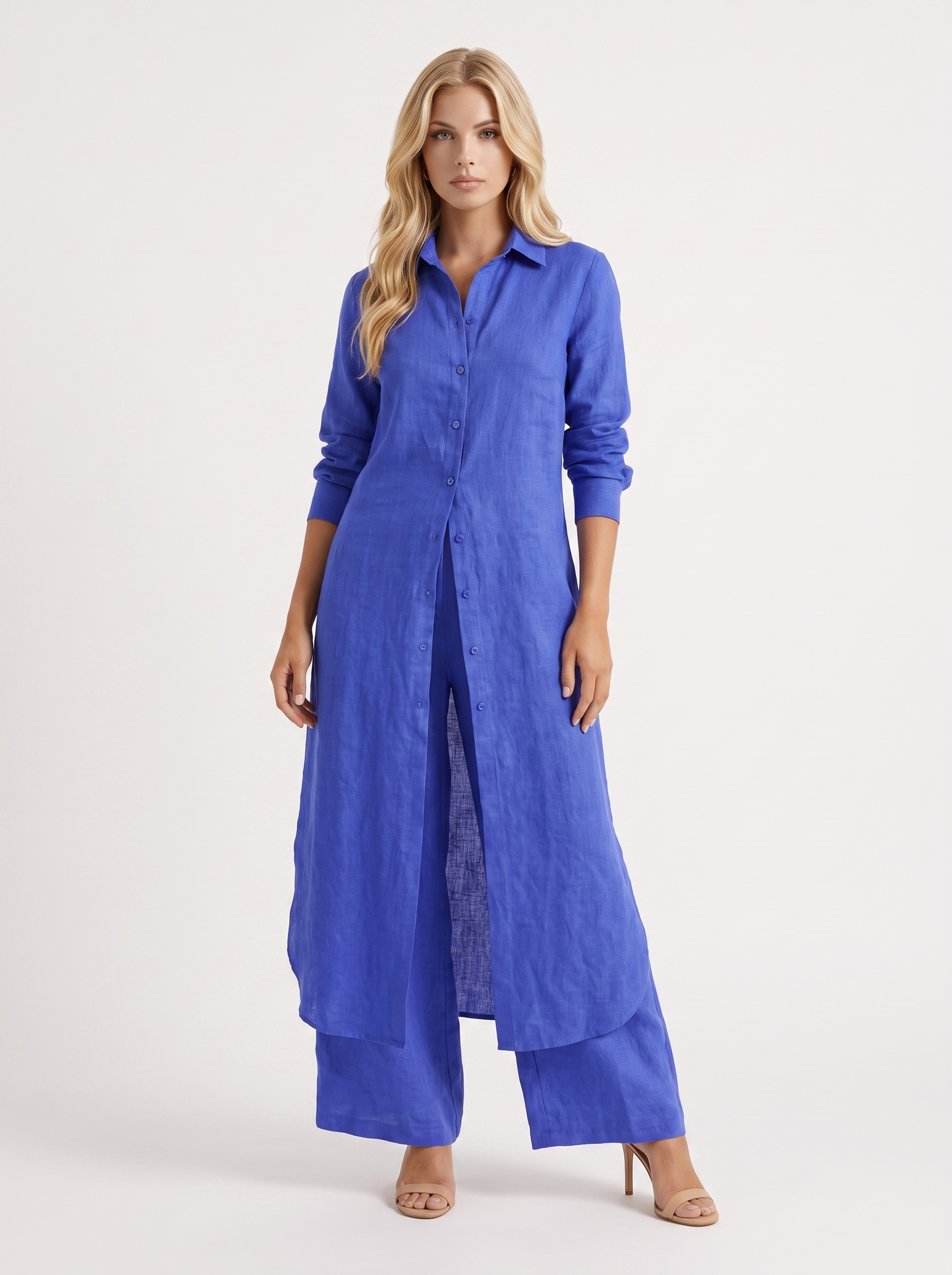Women blue pants set with long collared shirt and button front