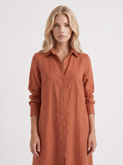 Women brown pants set with long collared shirt and button front