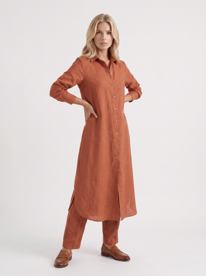 Women brown pants set with long collared shirt and button front