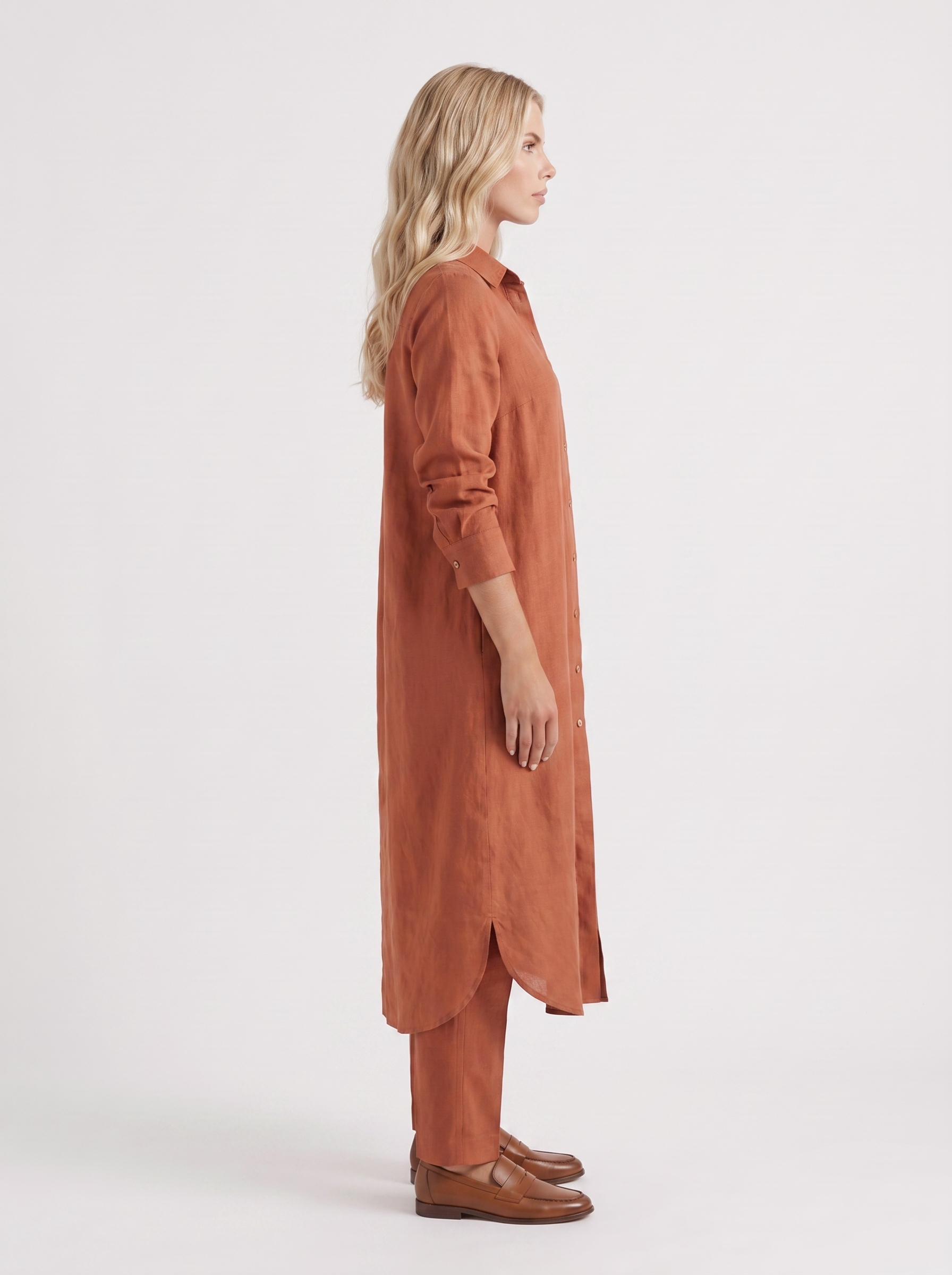 Women brown pants set with long collared shirt and button front