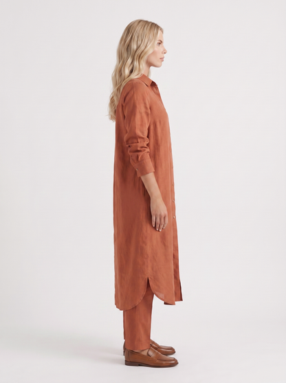 Women brown pants set with long collared shirt and button front