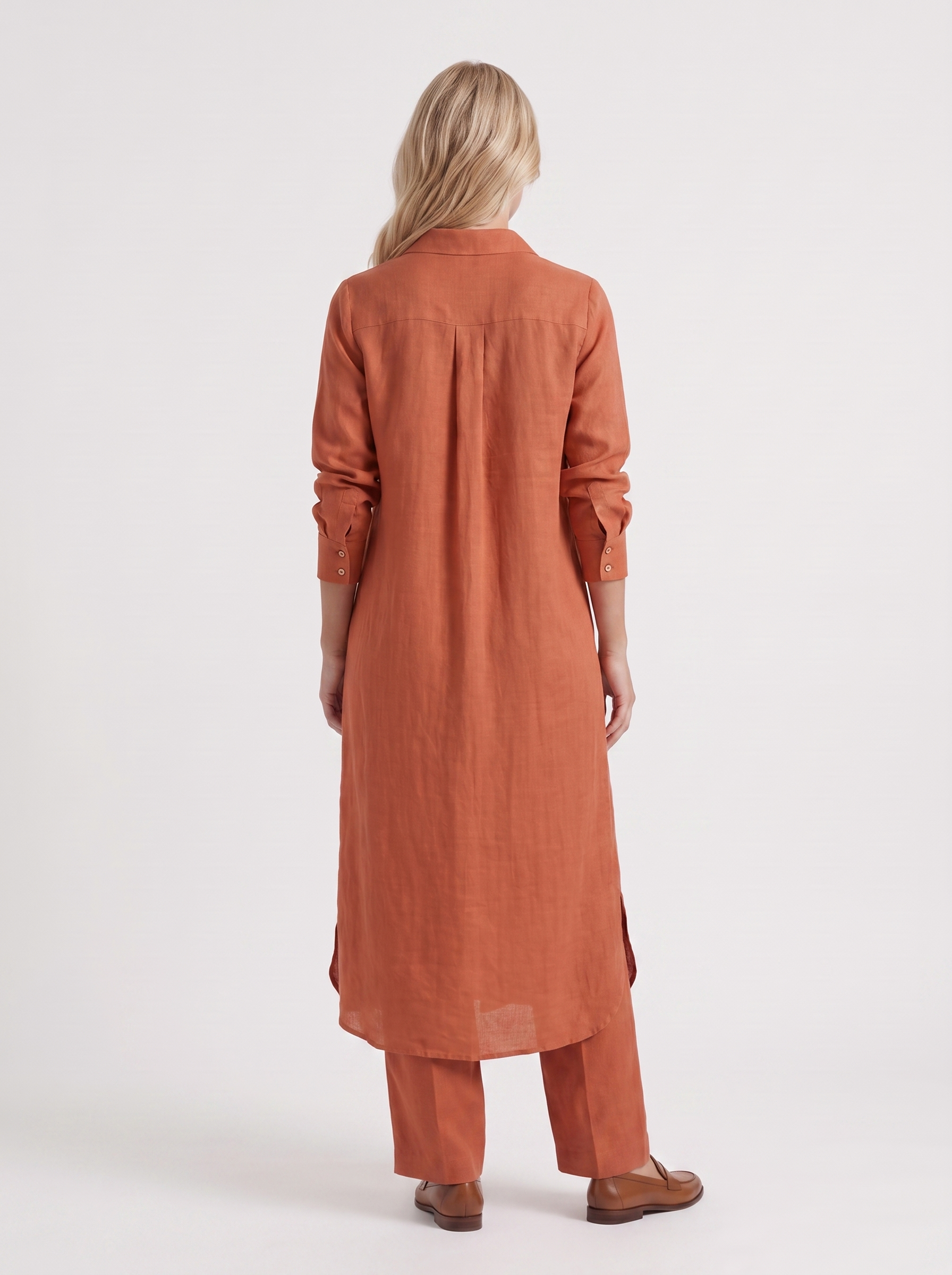 Women brown pants set with long collared shirt and button front