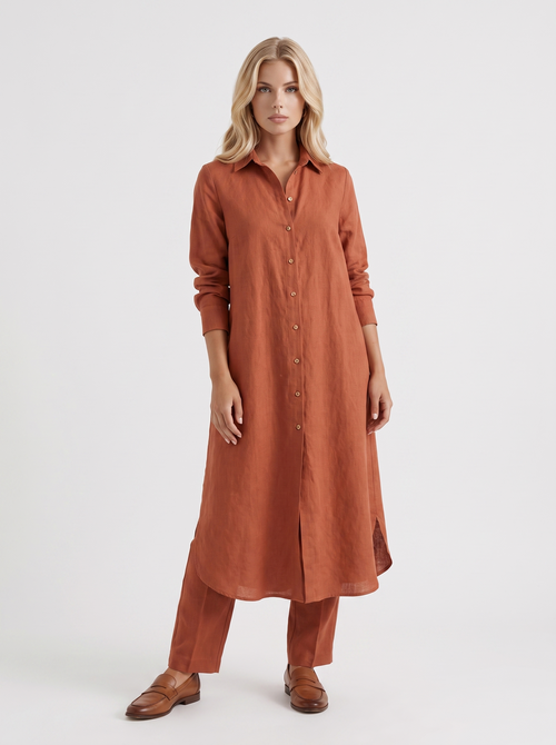 Women brown pants set with long collared shirt and button front