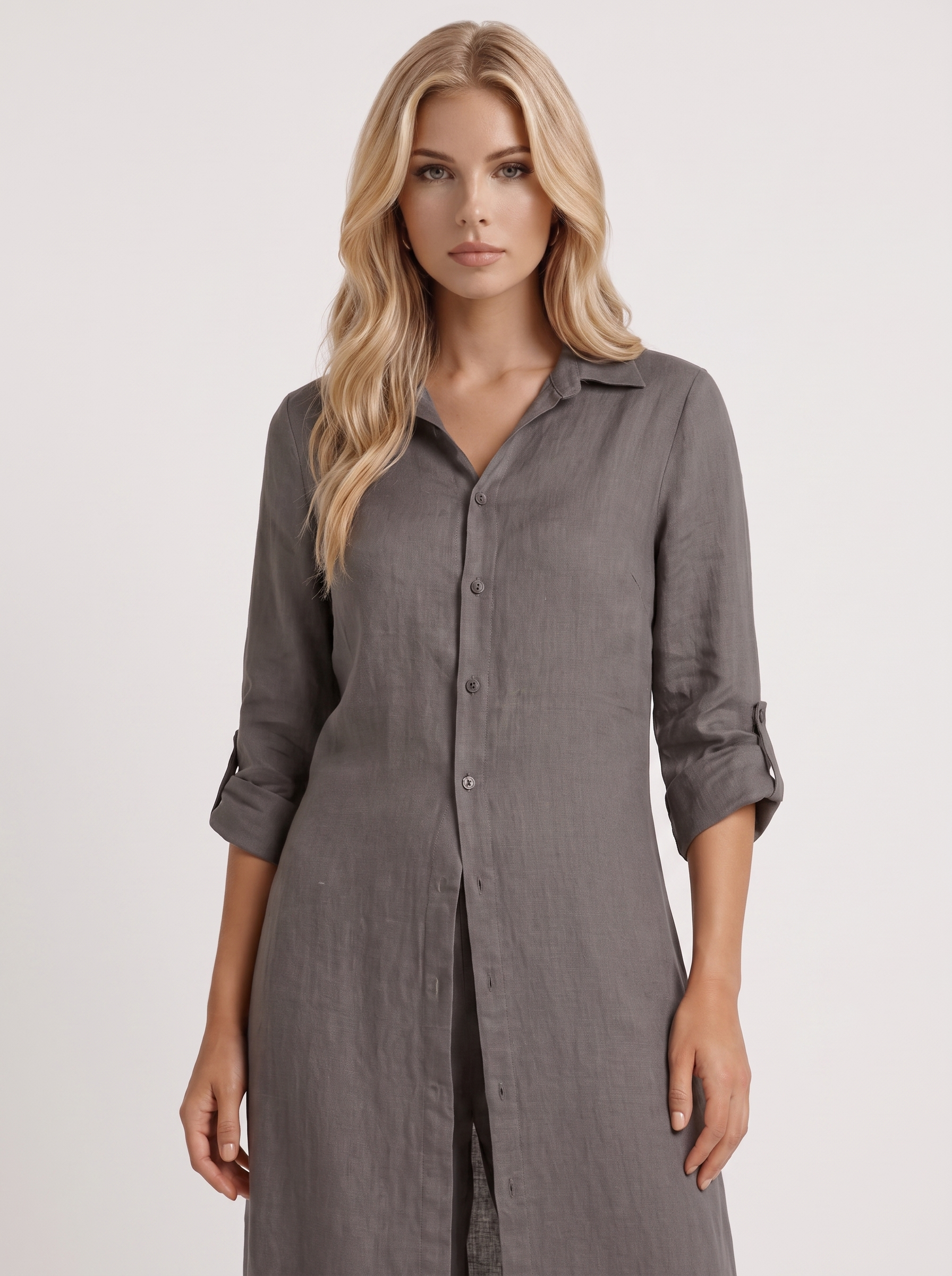Women dark grey pants set with long collared shirt and button front