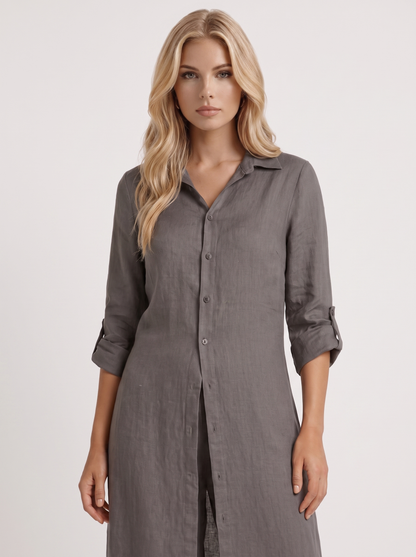 Women dark grey pants set with long collared shirt and button front