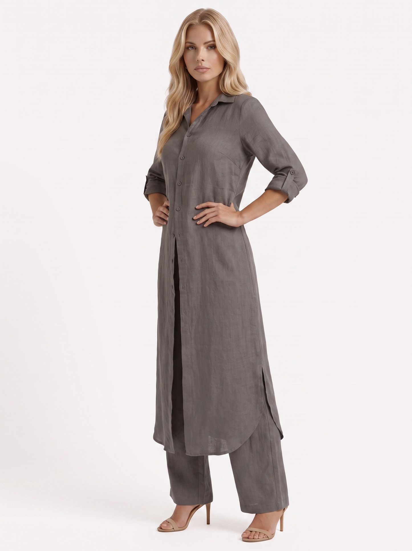 Women dark grey pants set with long collared shirt and button front