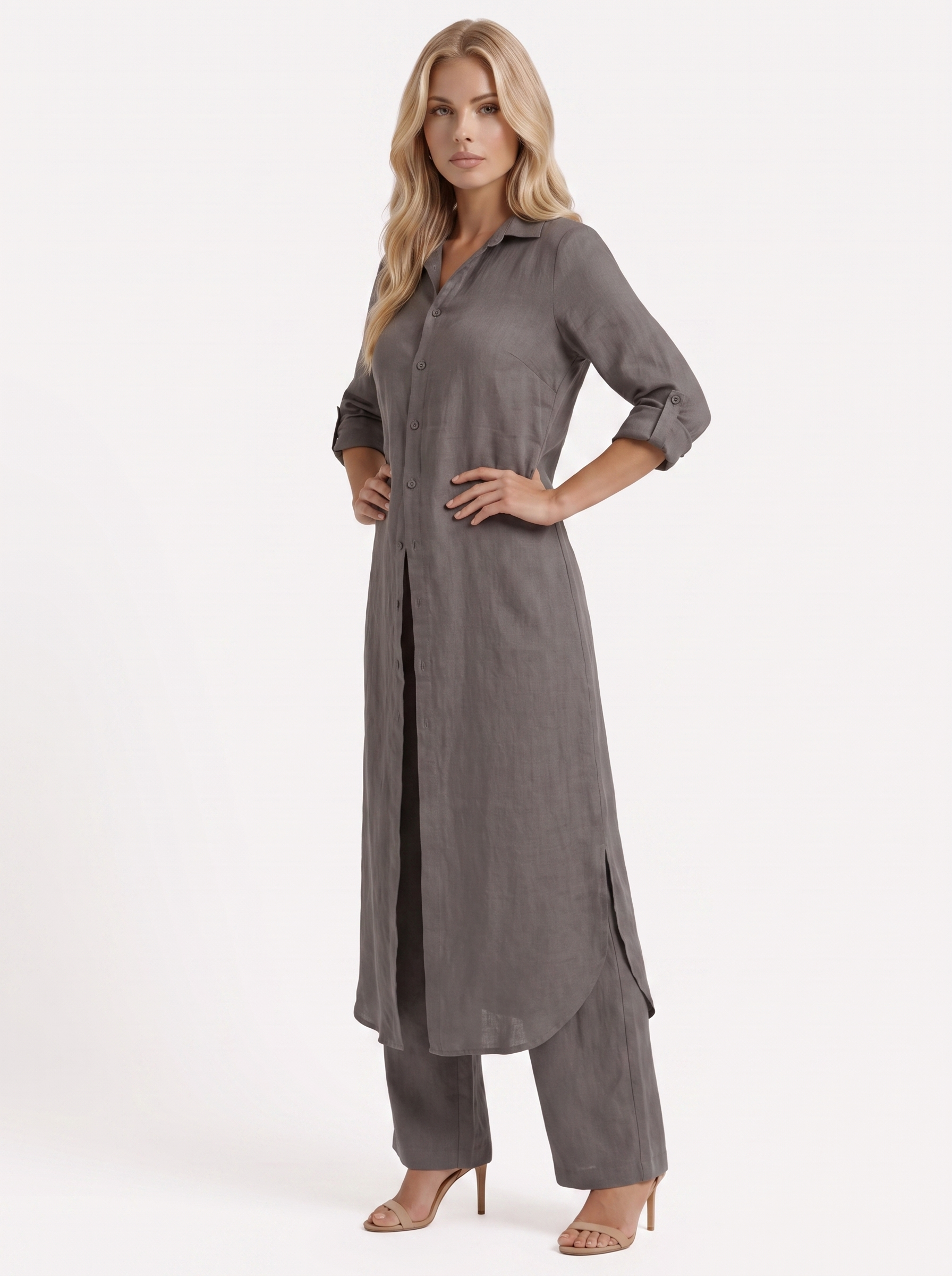 Women dark grey pants set with long collared shirt and button front