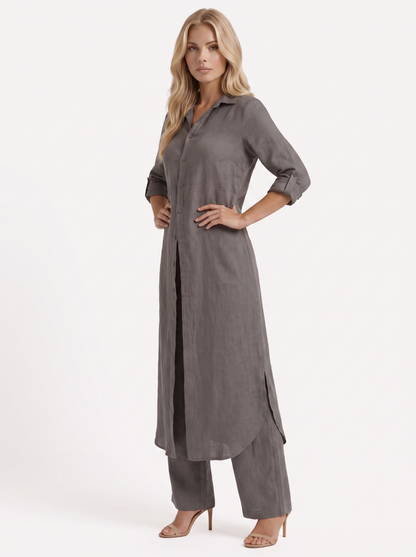 Women dark grey pants set with long collared shirt and button front