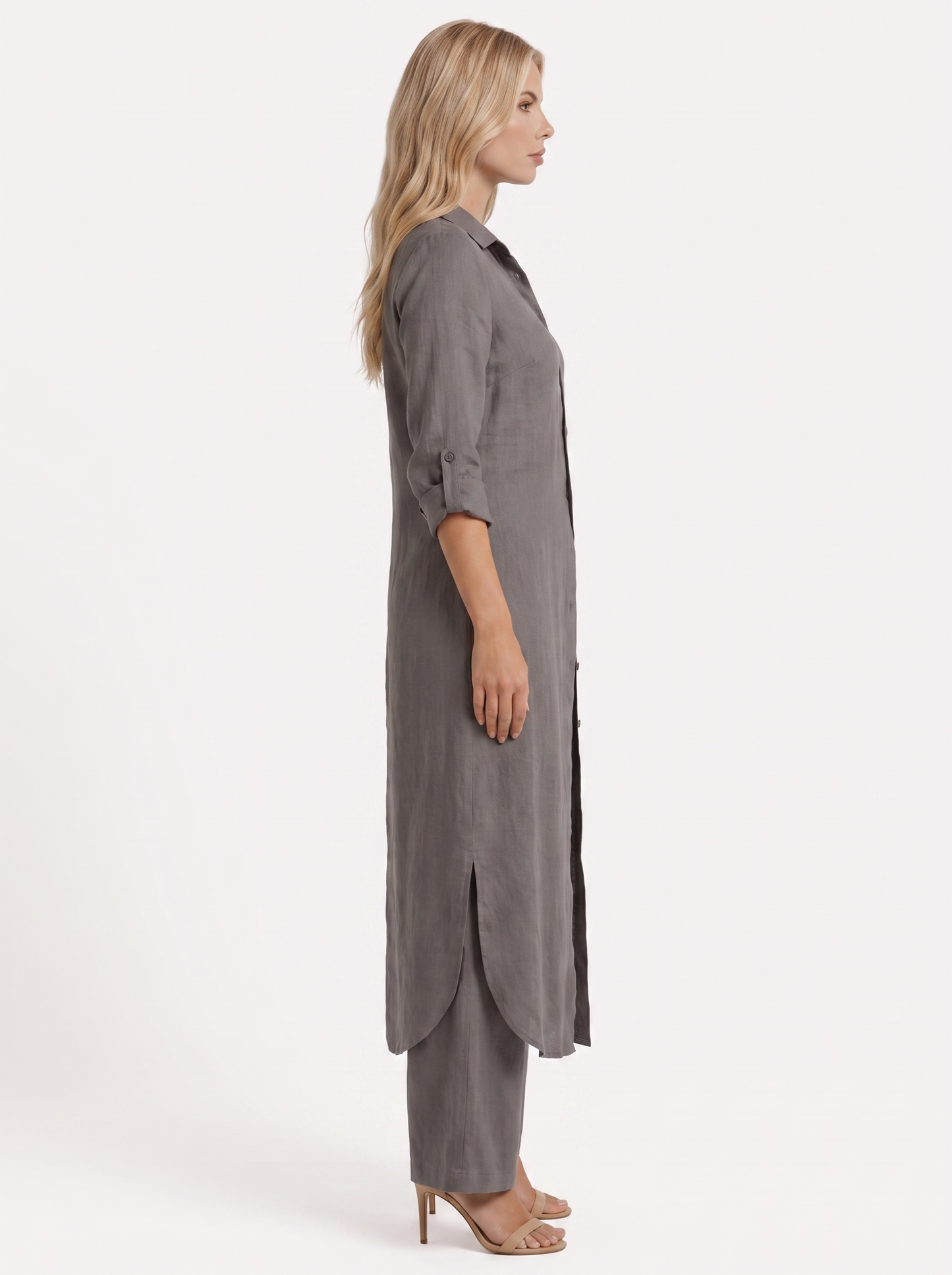 Women dark grey pants set with long collared shirt and button front