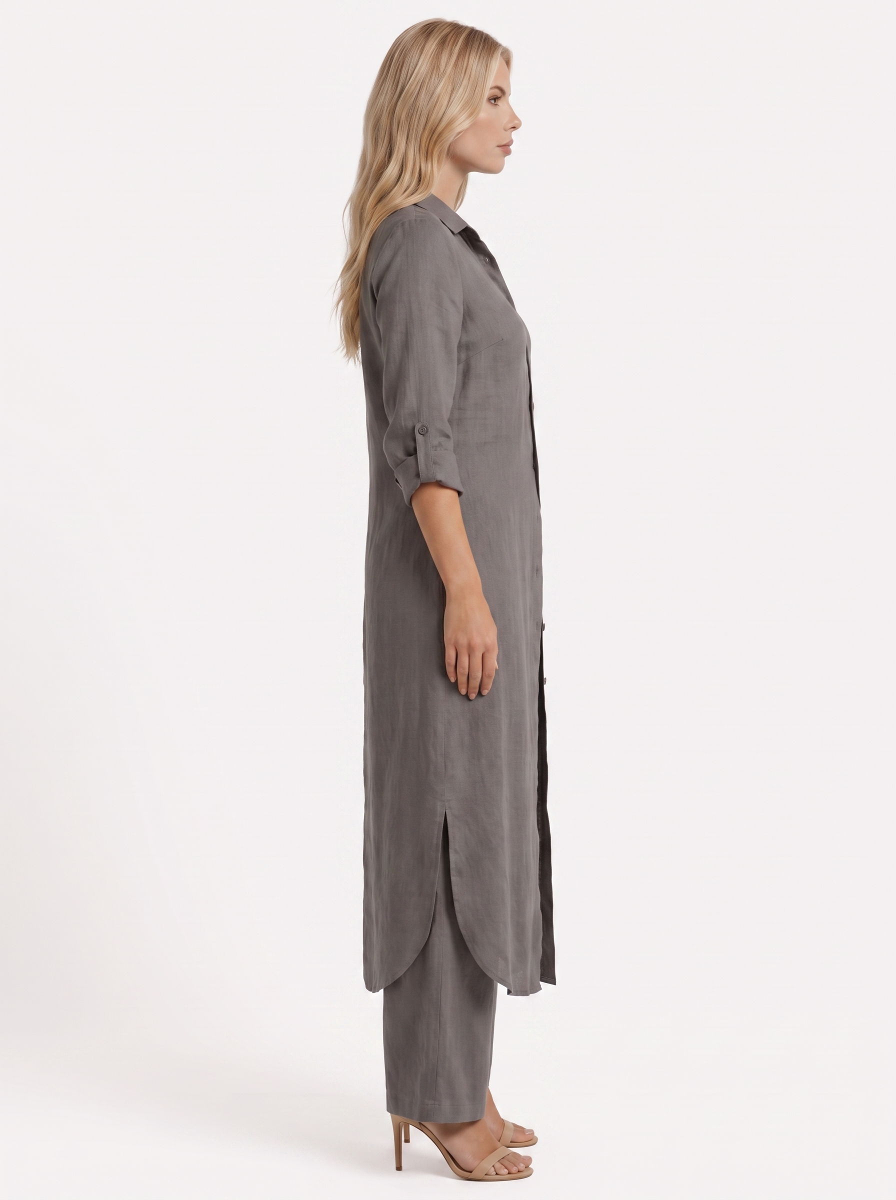 Women dark grey pants set with long collared shirt and button front
