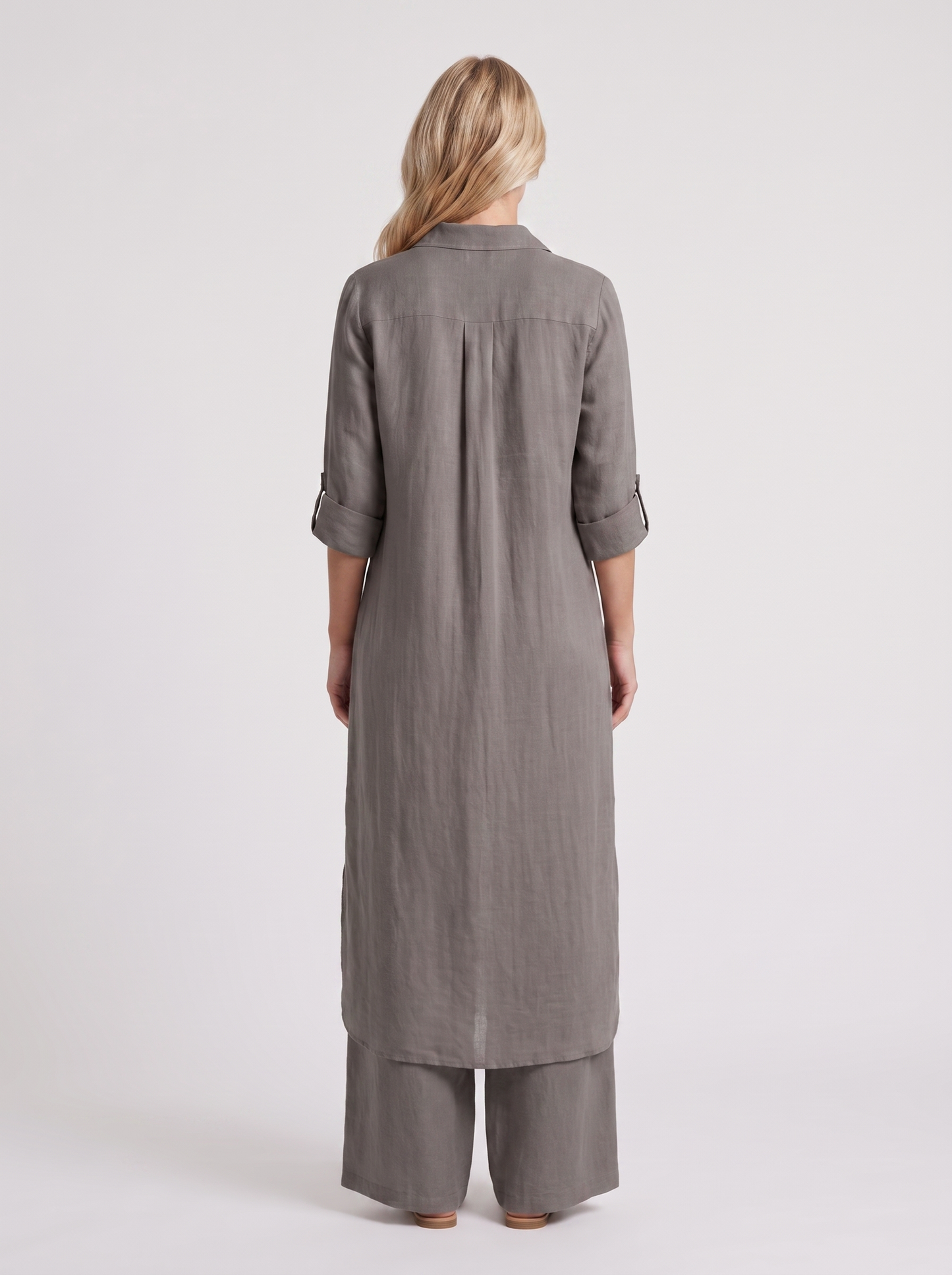 Women dark grey pants set with long collared shirt and button front