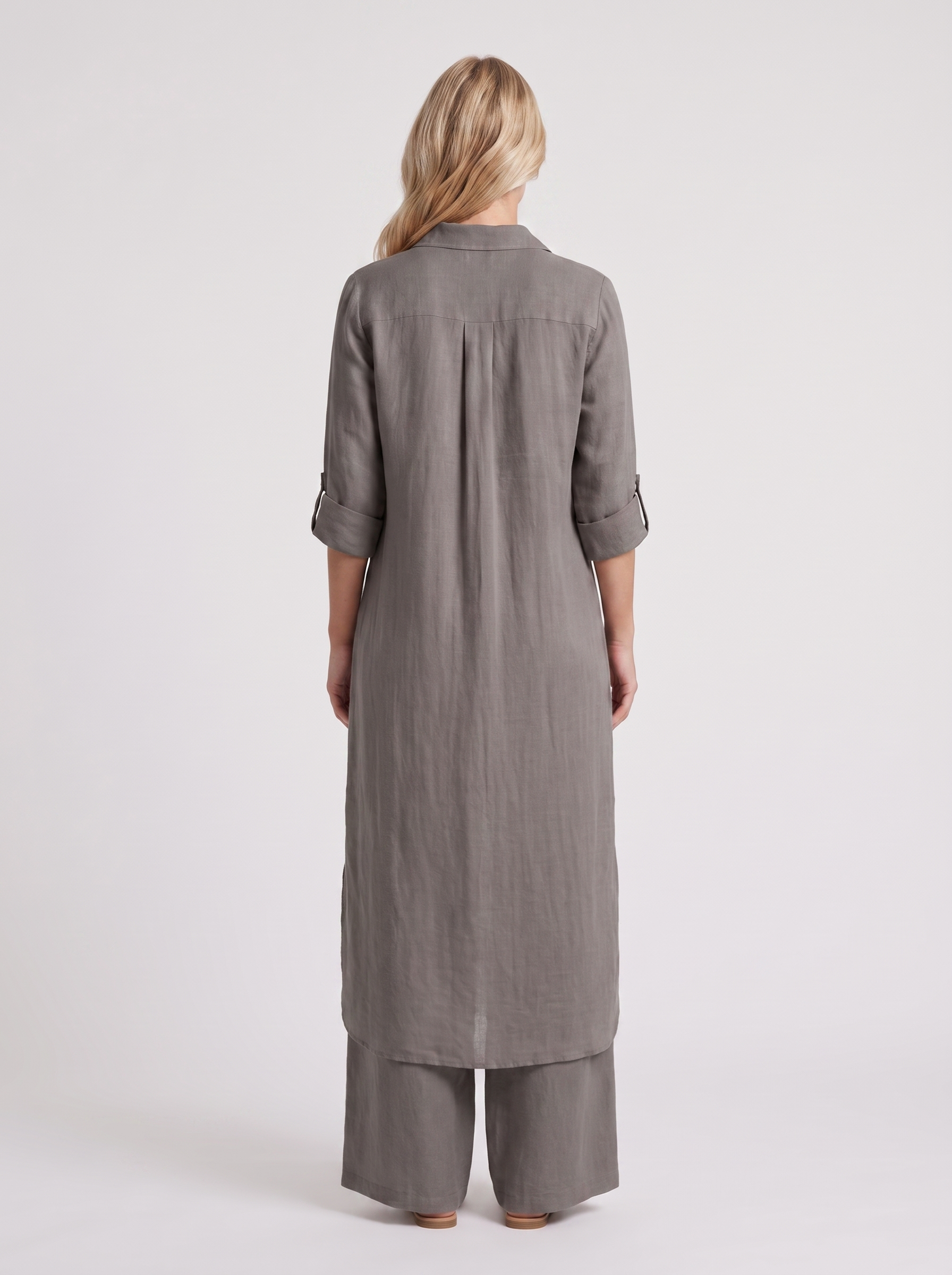 Women dark grey pants set with long collared shirt and button front