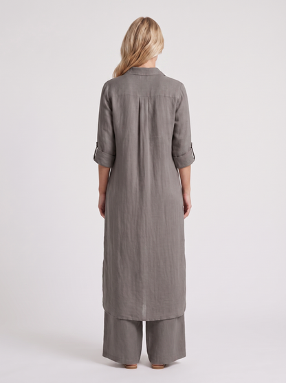 Women dark grey pants set with long collared shirt and button front