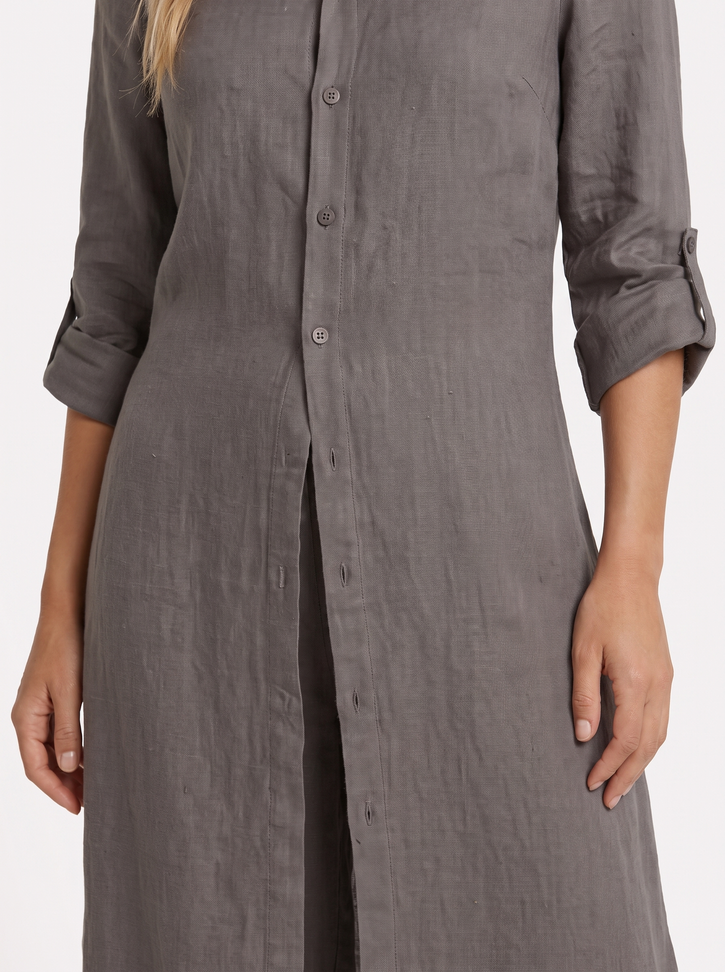 Women dark grey pants set with long collared shirt and button front