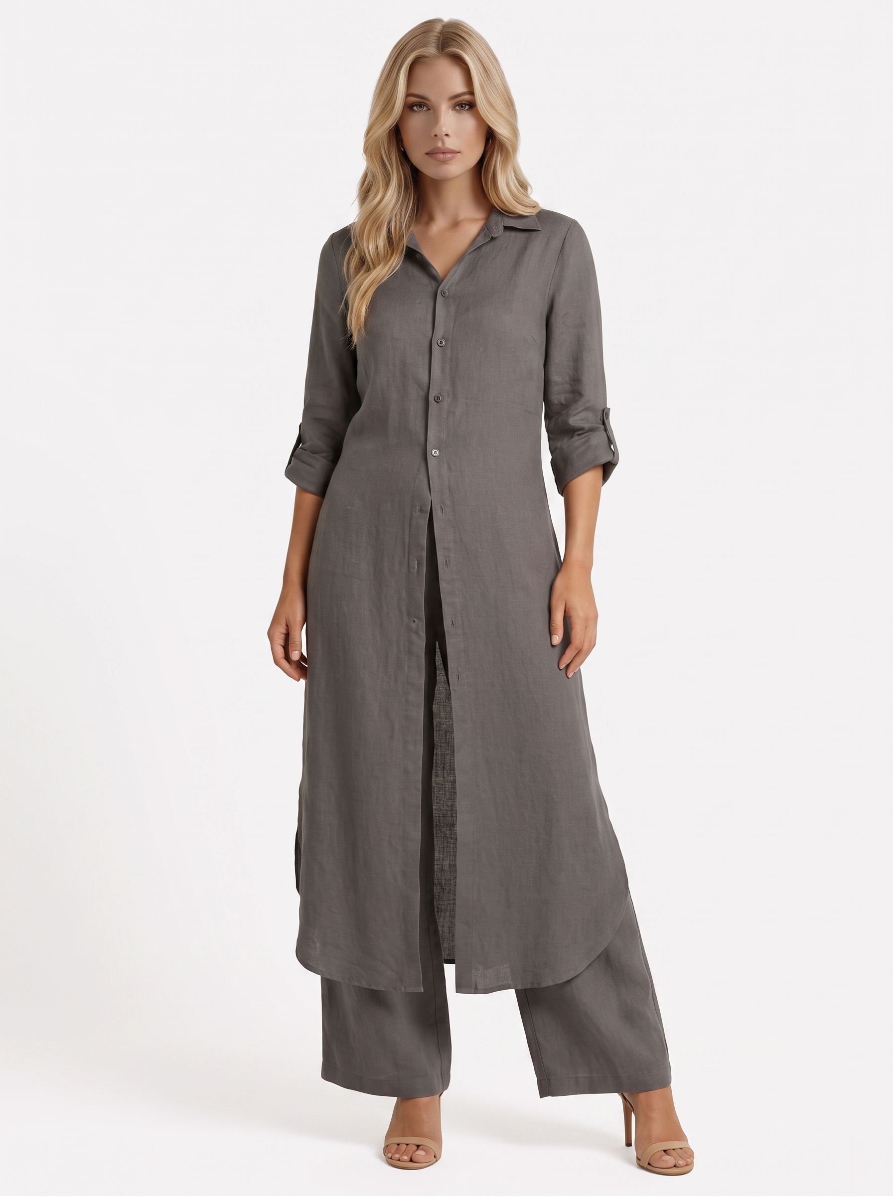 Women dark grey pants set with long collared shirt and button front