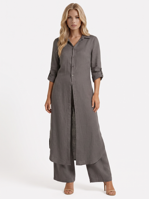 Women dark grey pants set with long collared shirt and button front