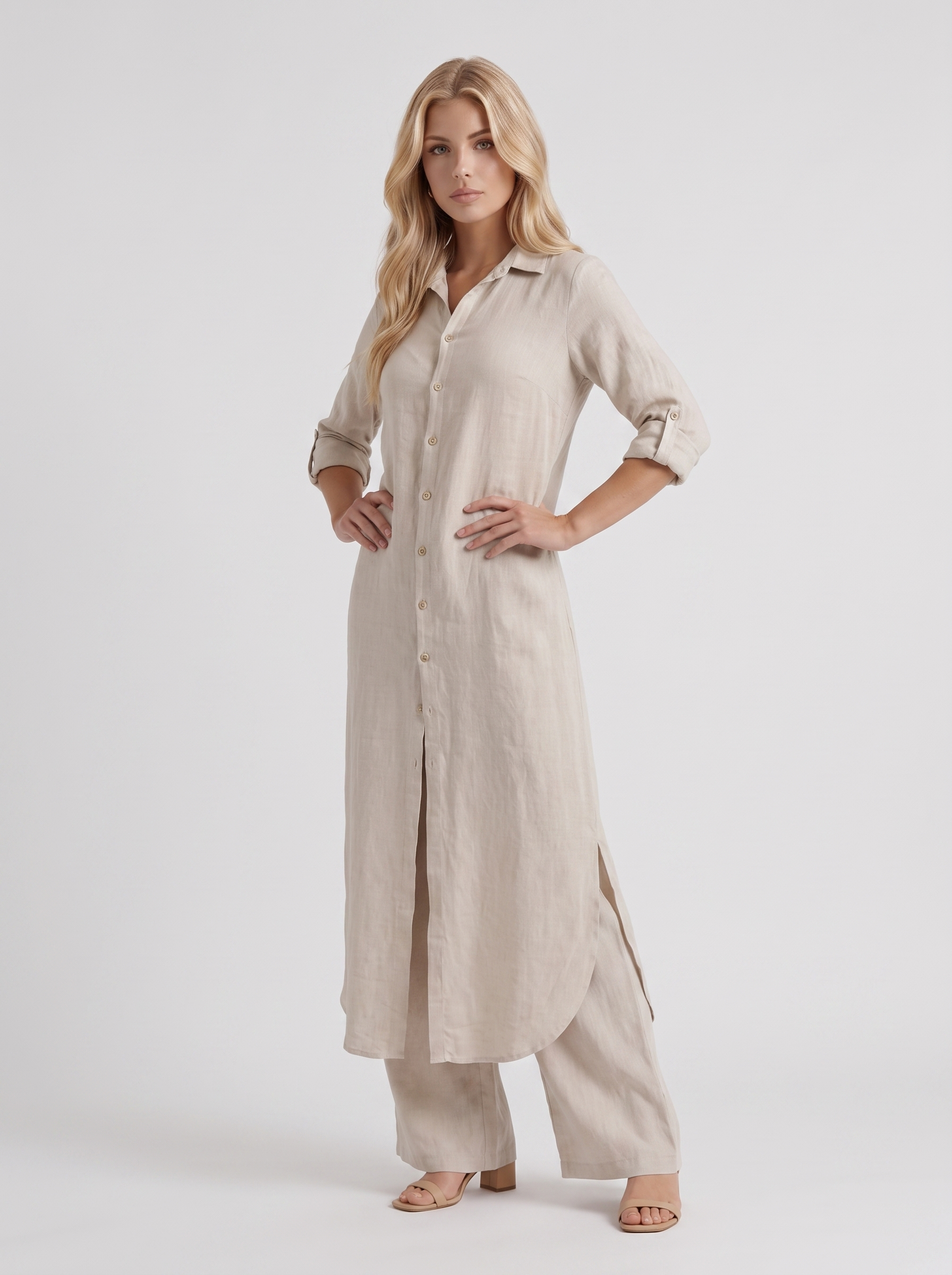 Women khaki pants set with long collared shirt and button front