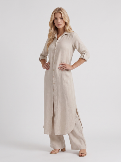 Women khaki pants set with long collared shirt and button front