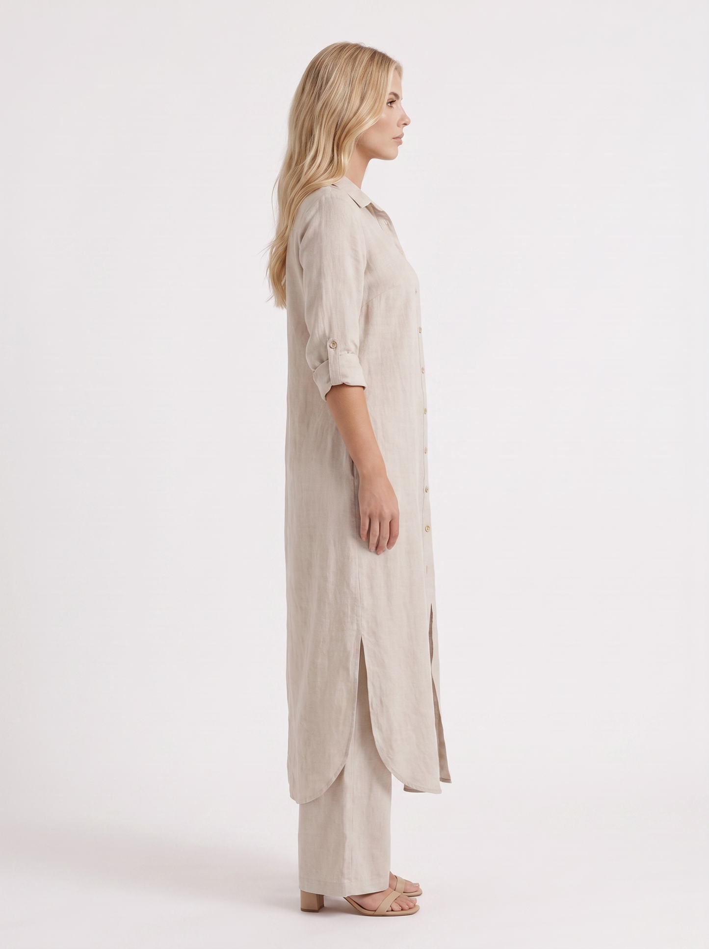 Women khaki pants set with long collared shirt and button front