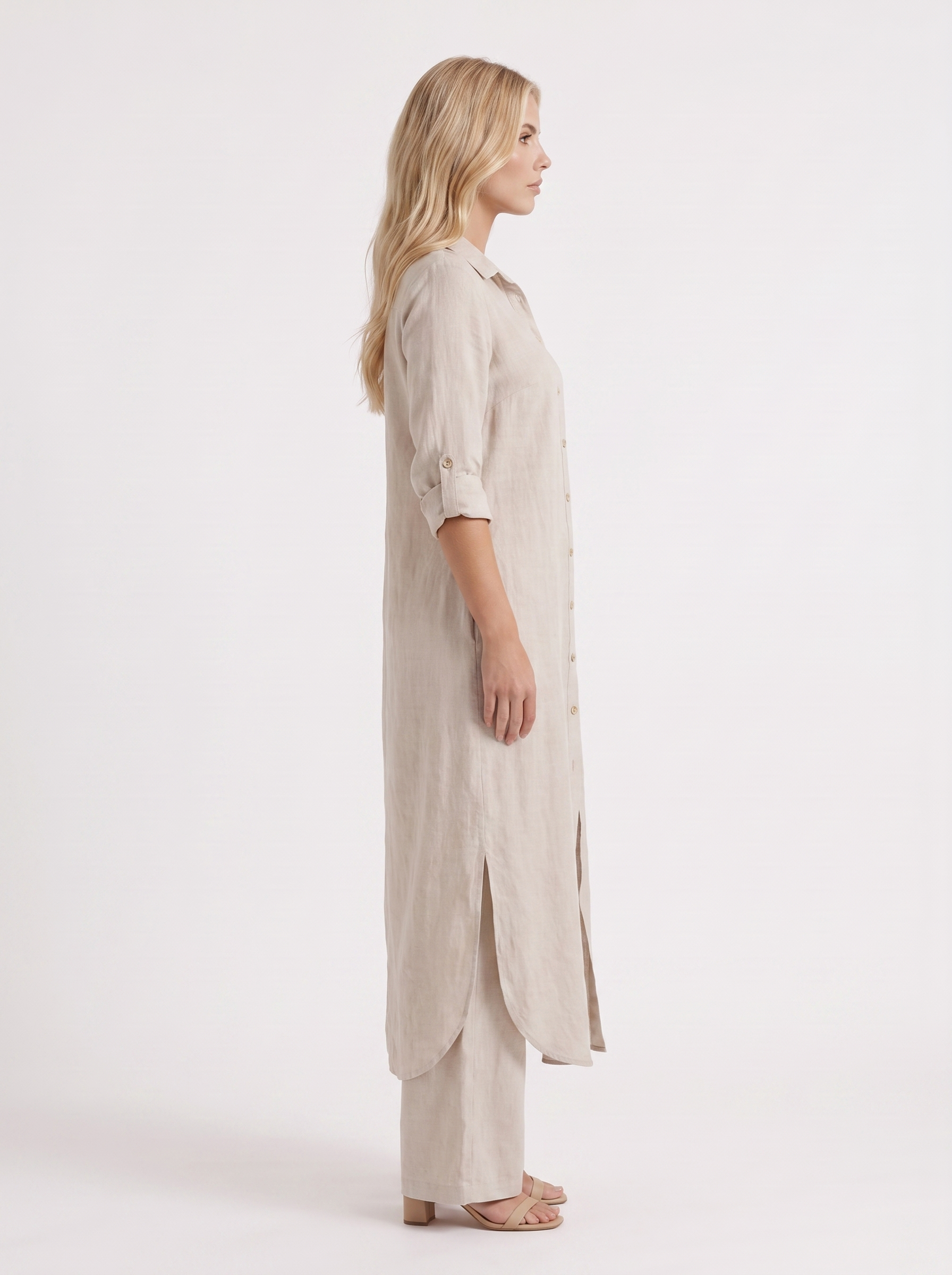 Women khaki pants set with long collared shirt and button front