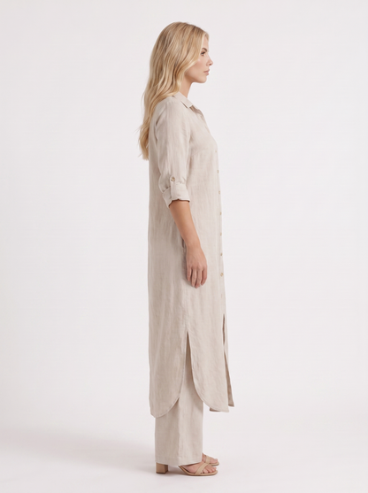 Women khaki pants set with long collared shirt and button front