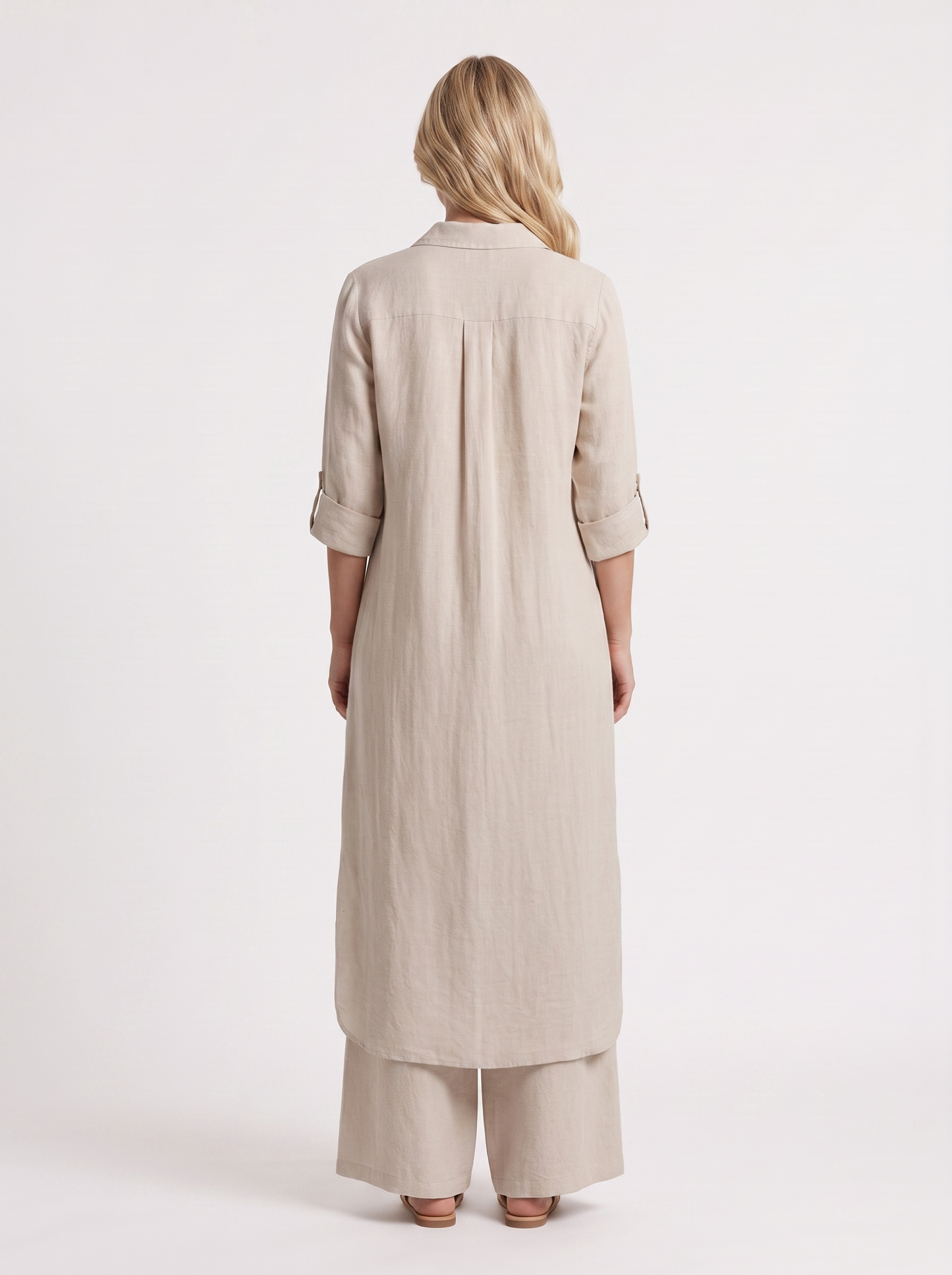 Women khaki pants set with long collared shirt and button front