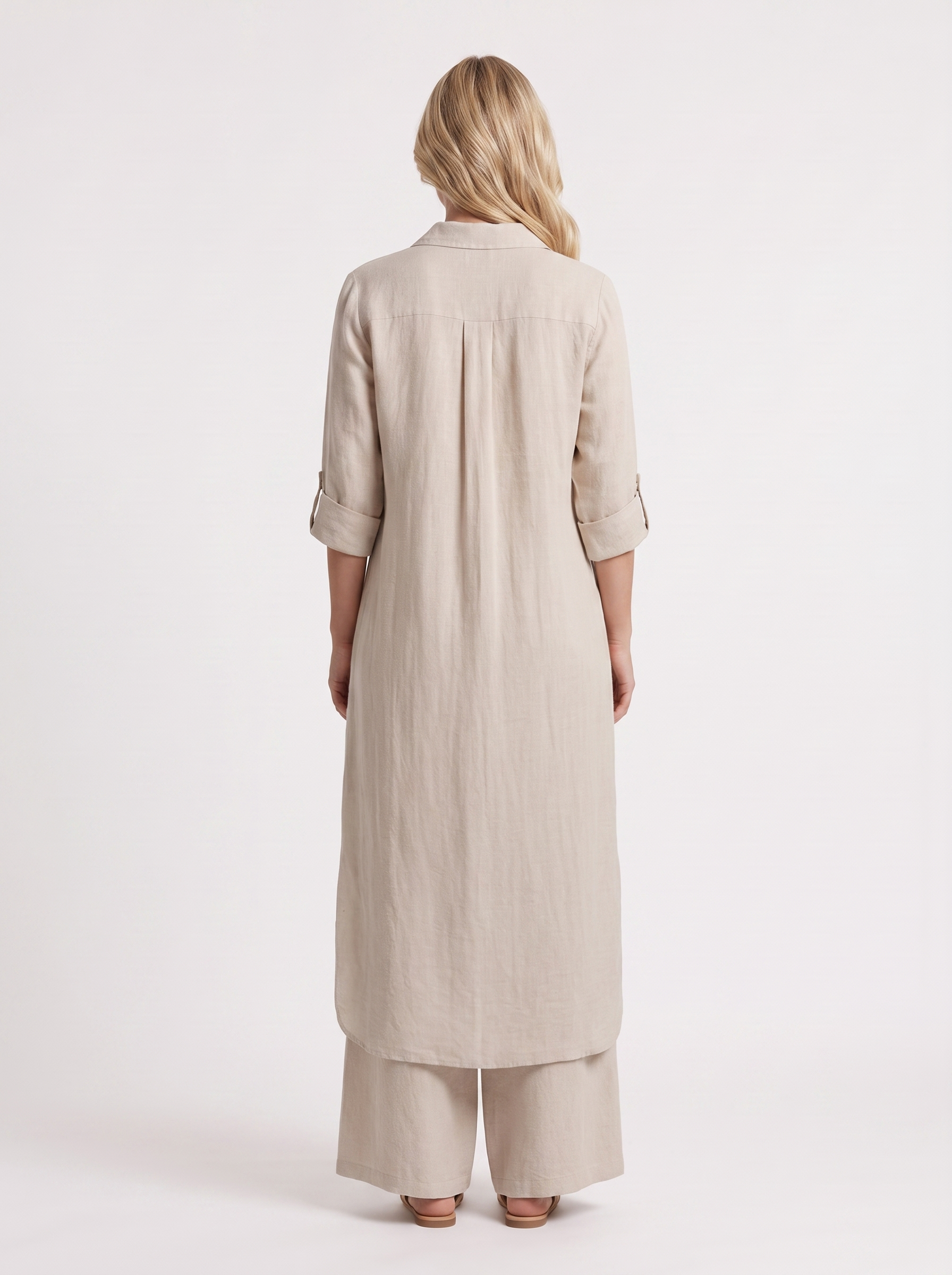 Women khaki pants set with long collared shirt and button front