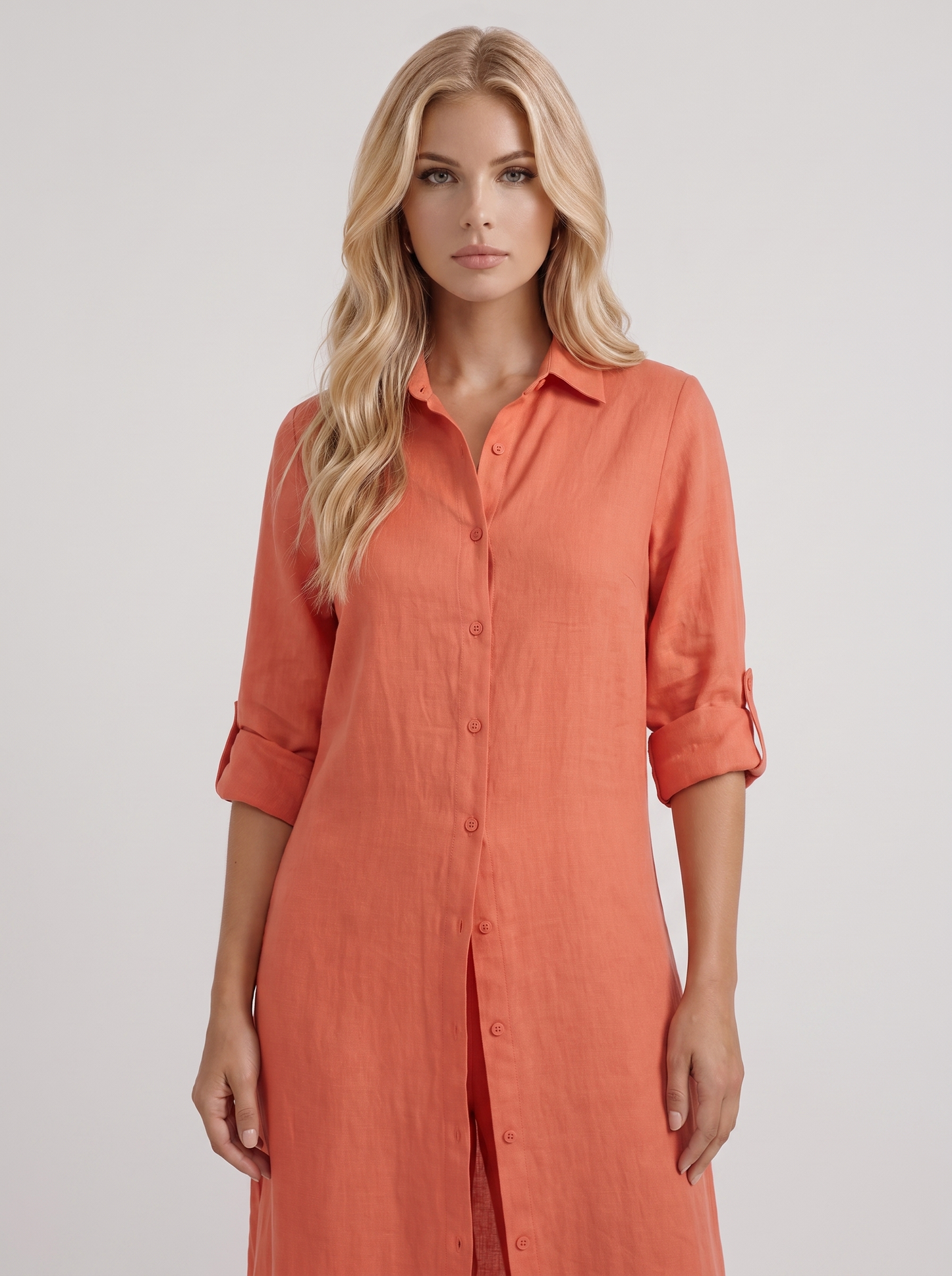 Women red pants set with long collared shirt and button front