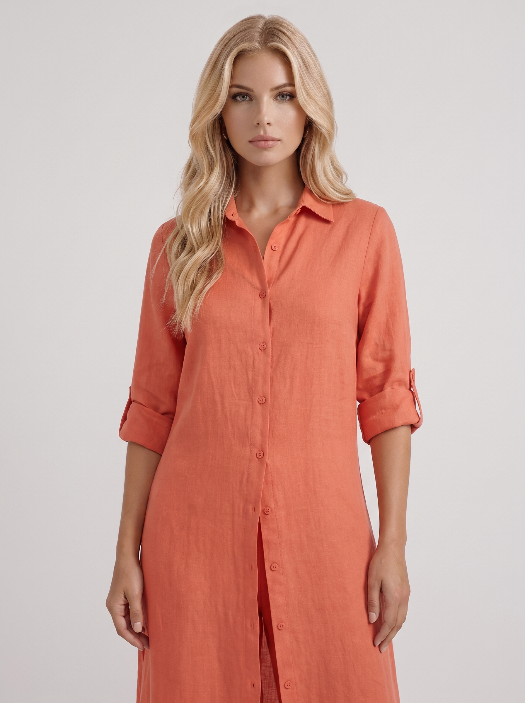 Women red pants set with long collared shirt and button front