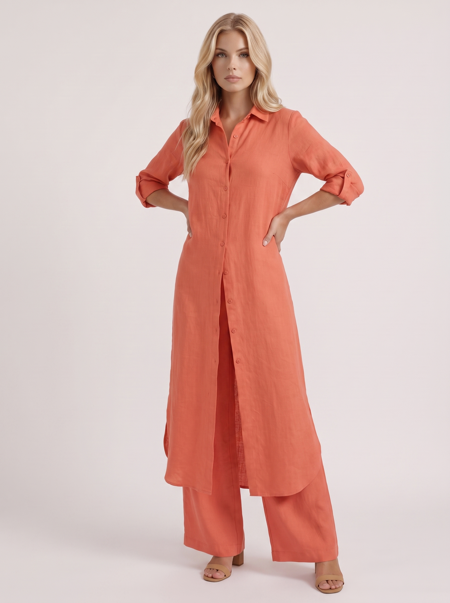 Women red pants set with long collared shirt and button front