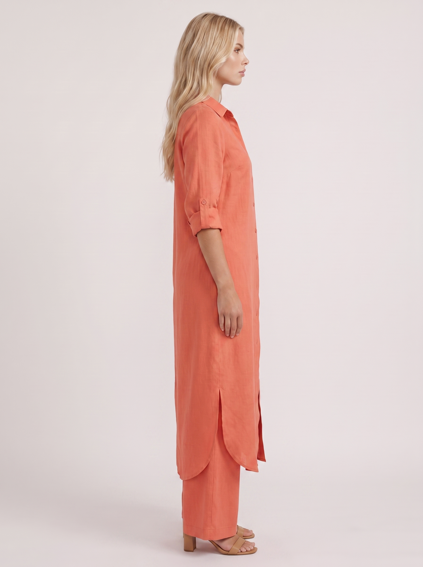 Women red pants set with long collared shirt and button front