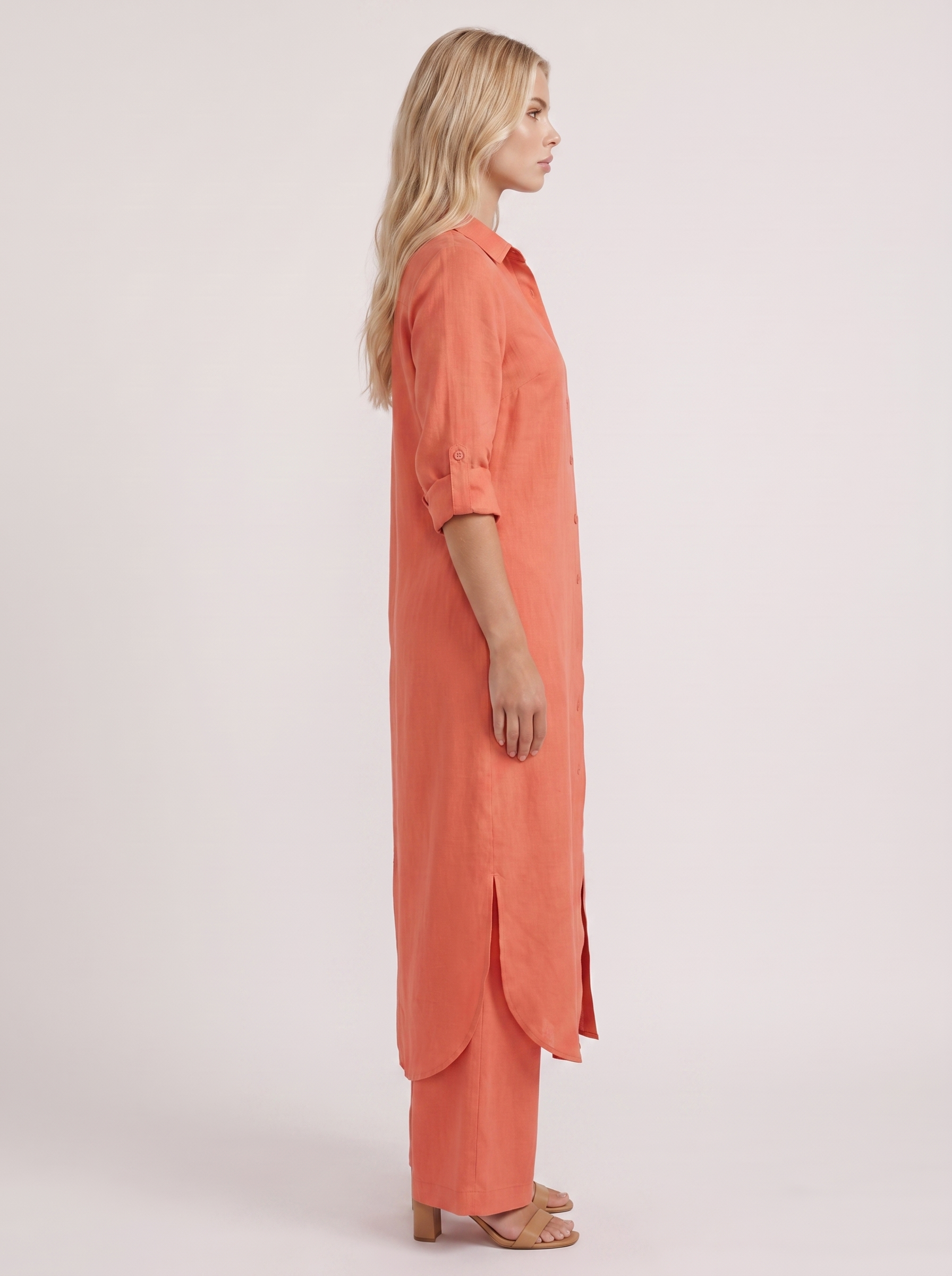 Women red pants set with long collared shirt and button front