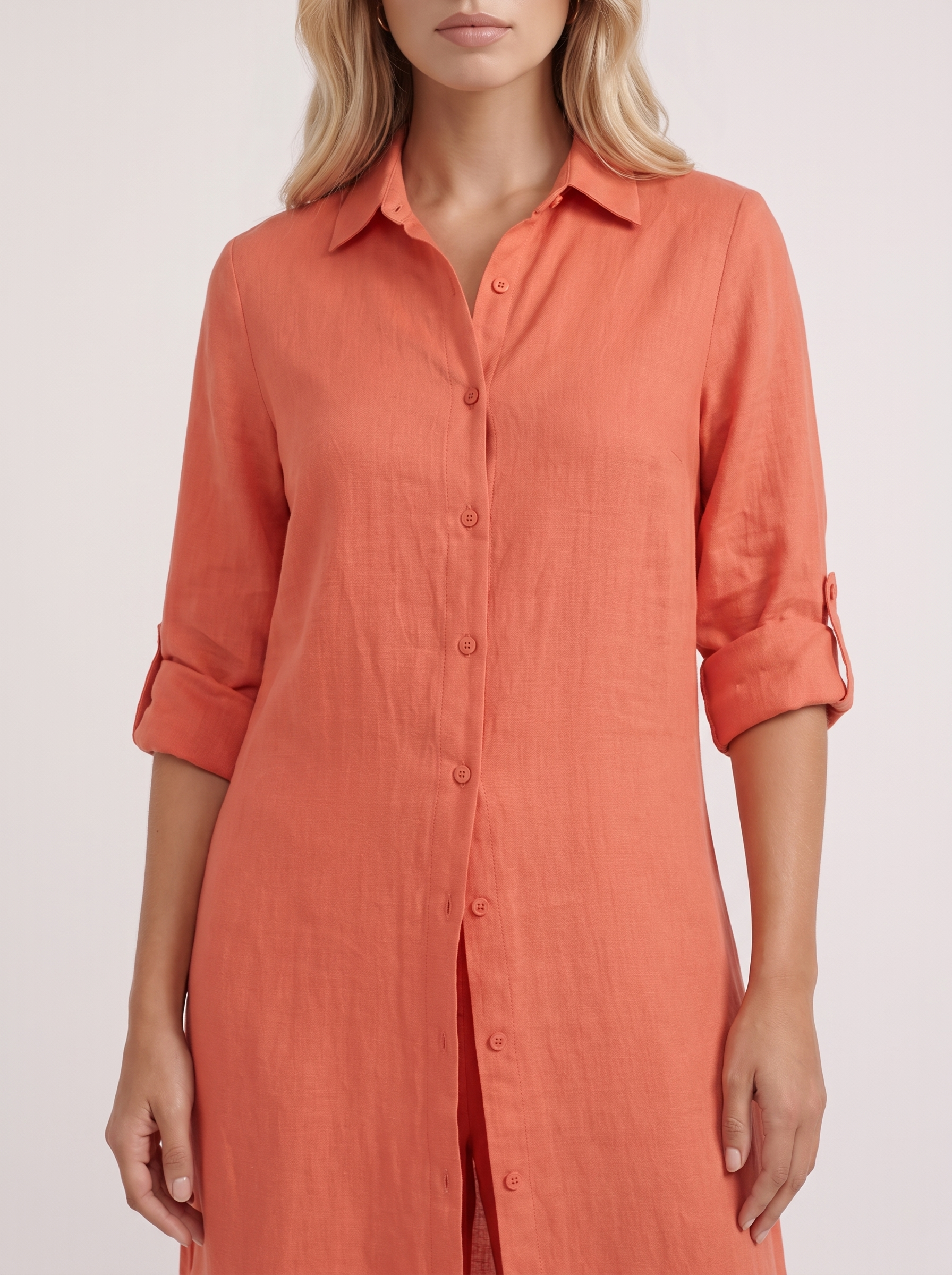 Women red pants set with long collared shirt and button front