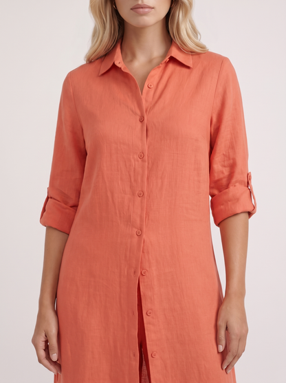 Women red pants set with long collared shirt and button front