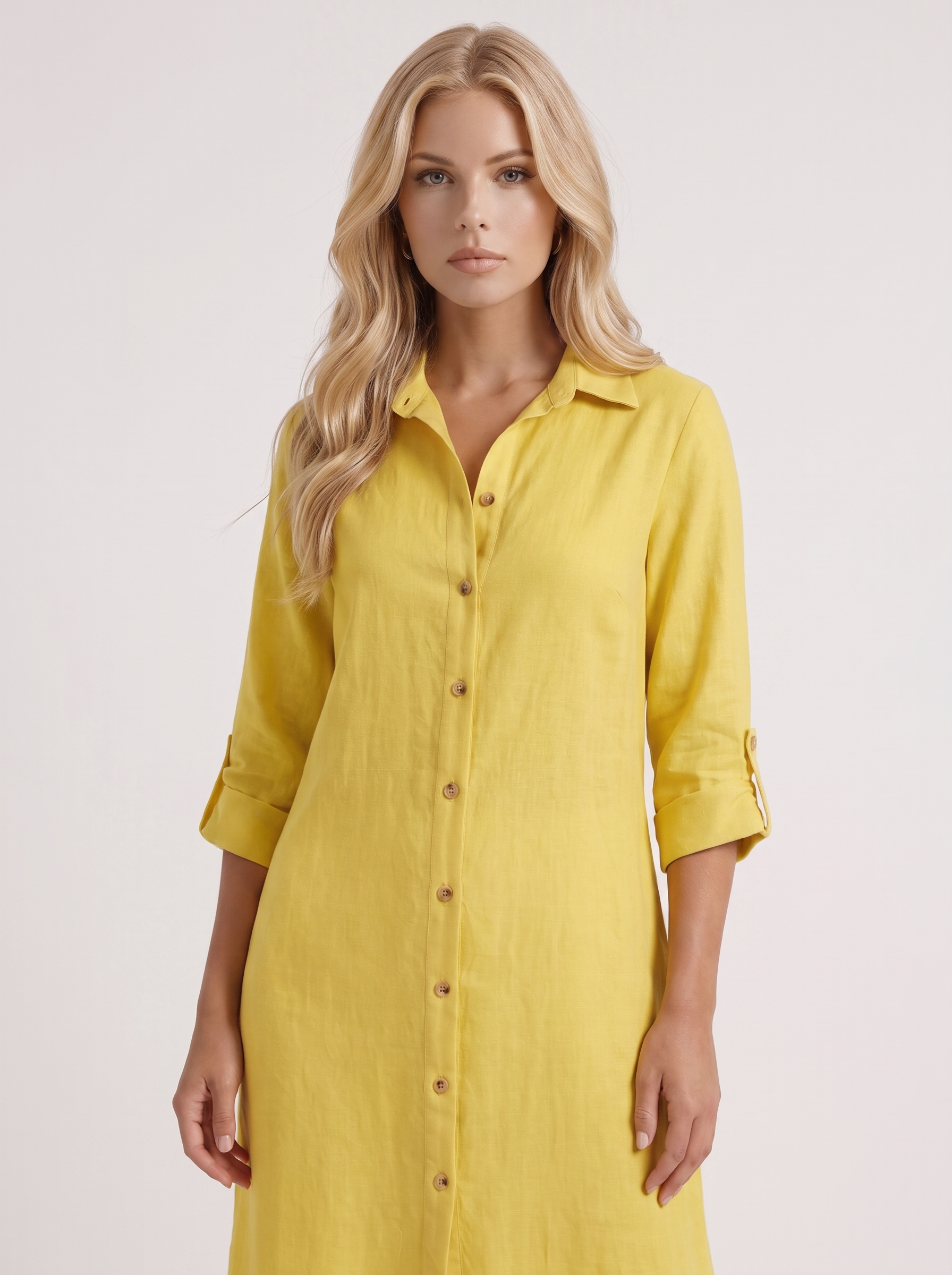 Women yellow pants set with long collared shirt and button front