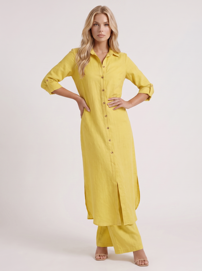 Women yellow pants set with long collared shirt and button front