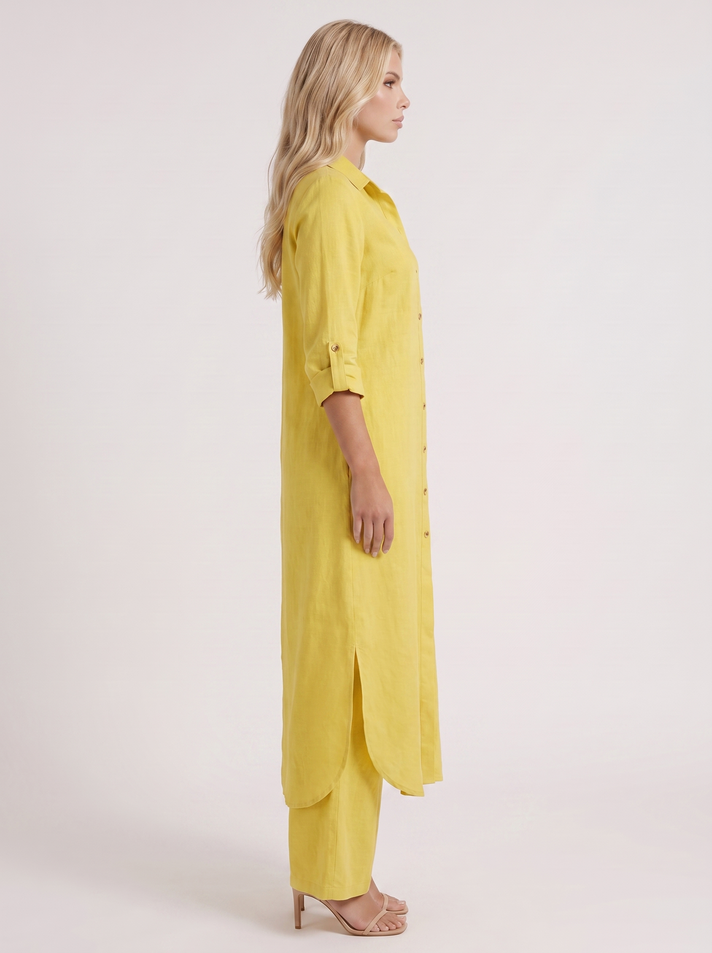 Women yellow pants set with long collared shirt and button front