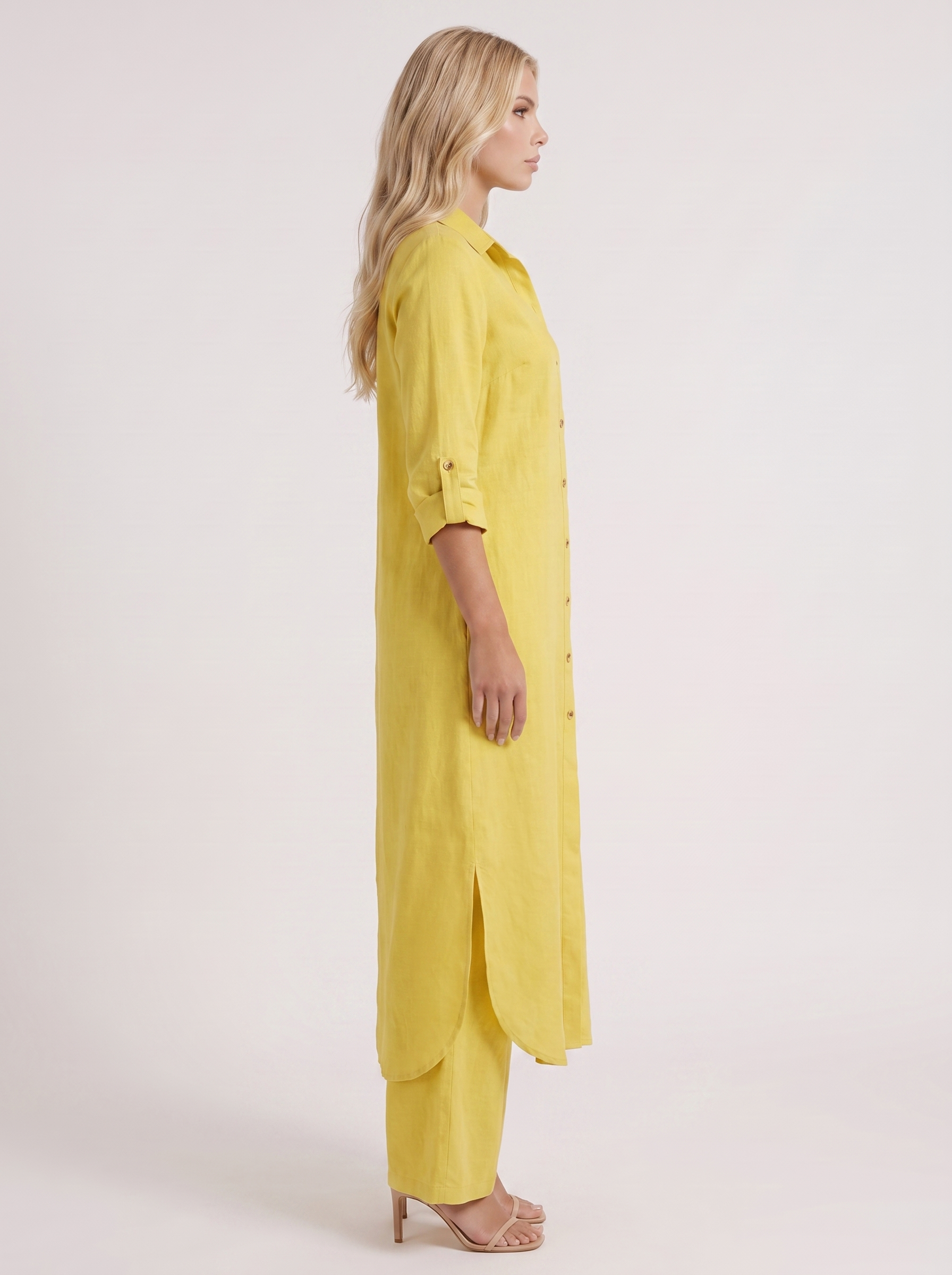 Women yellow pants set with long collared shirt and button front
