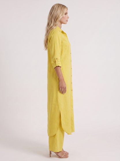 Women yellow pants set with long collared shirt and button front