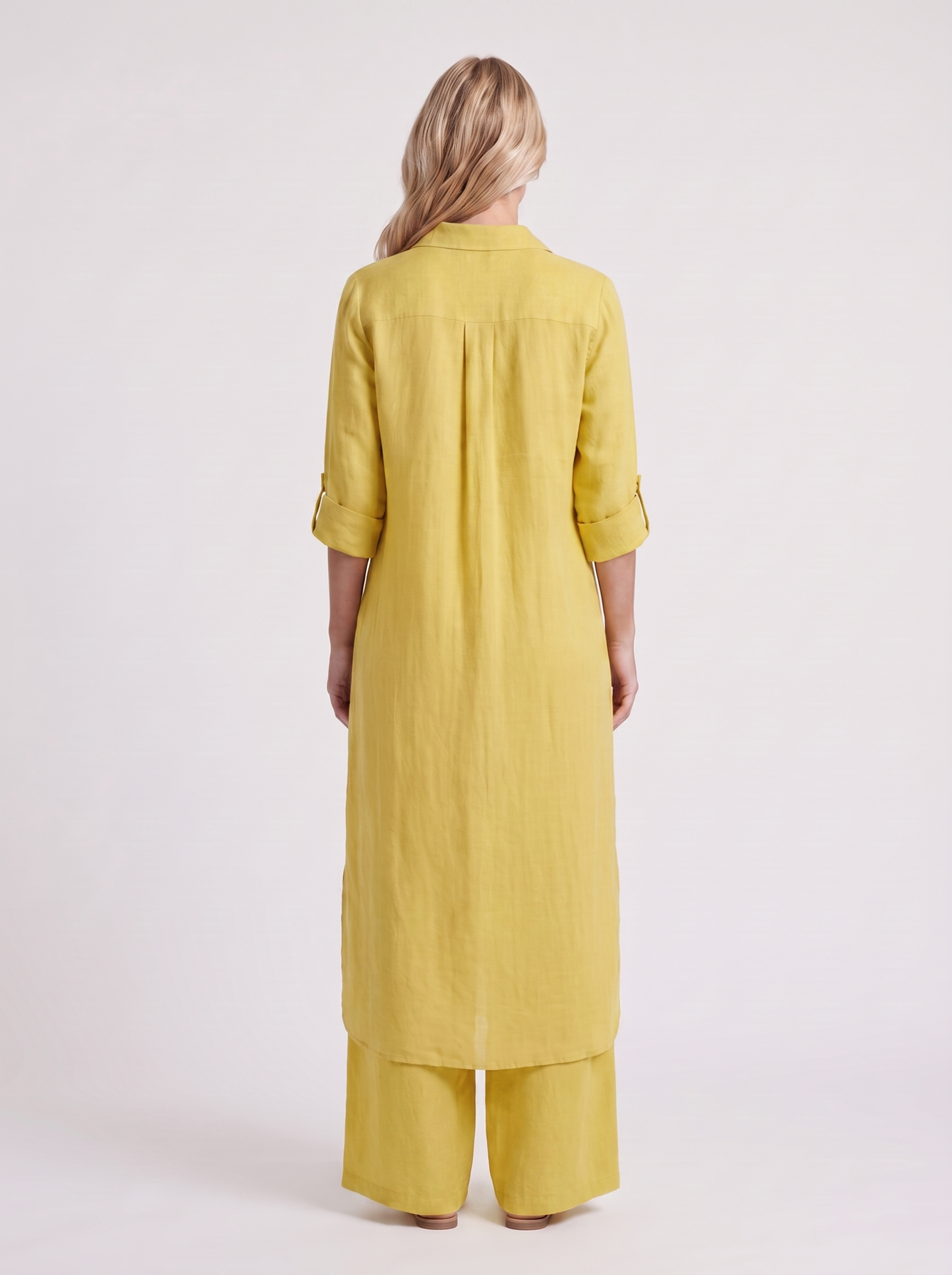 Women yellow pants set with long collared shirt and button front