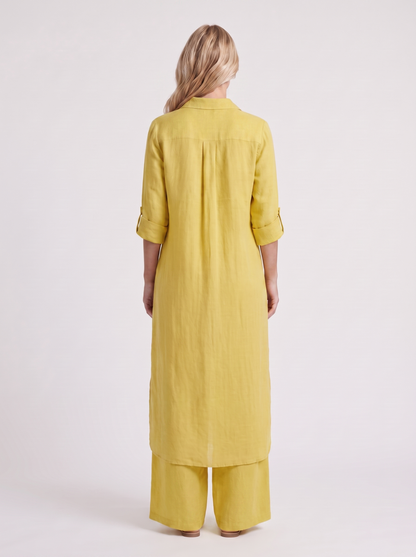Women yellow pants set with long collared shirt and button front