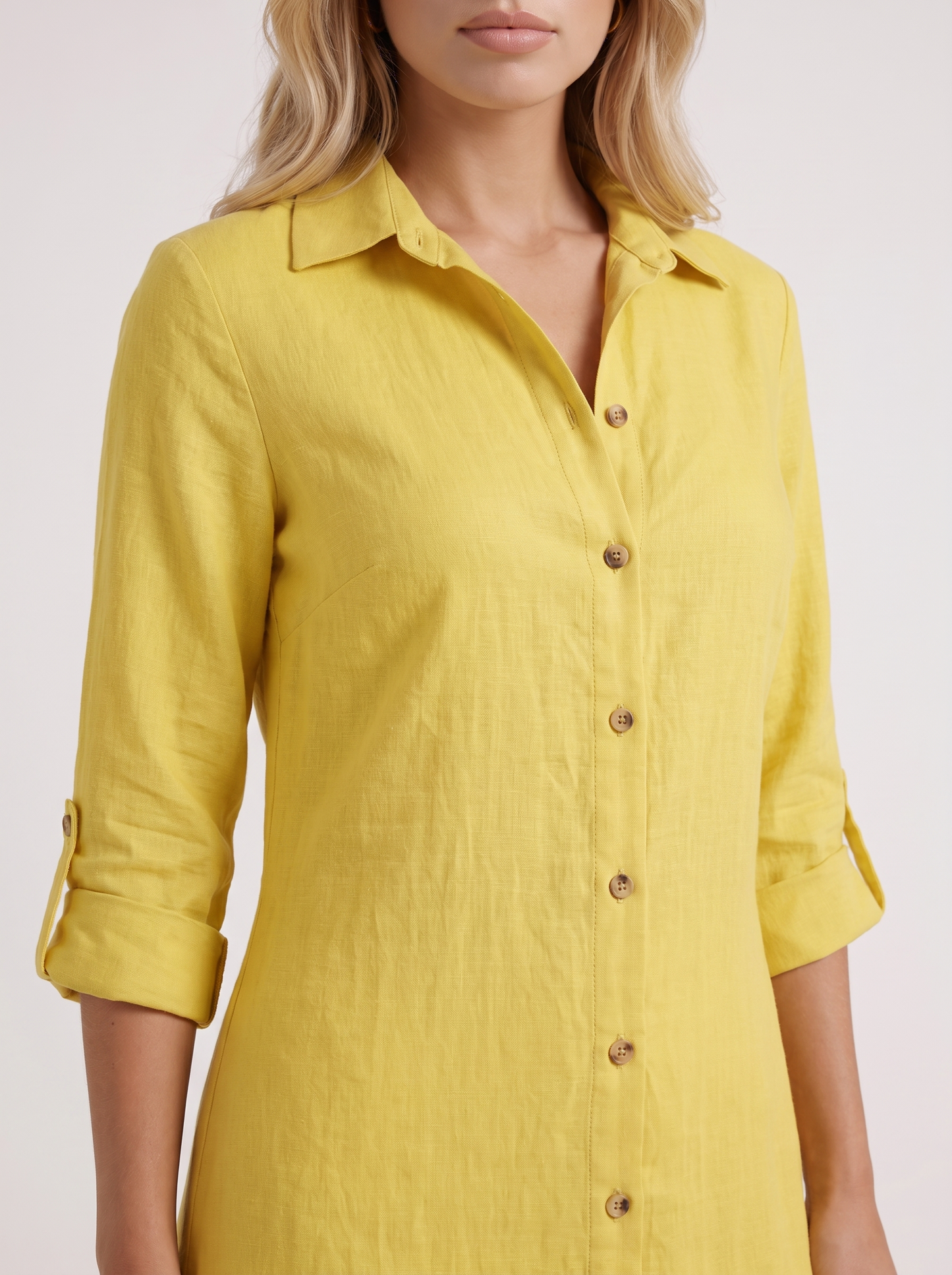 Women yellow pants set with long collared shirt and button front