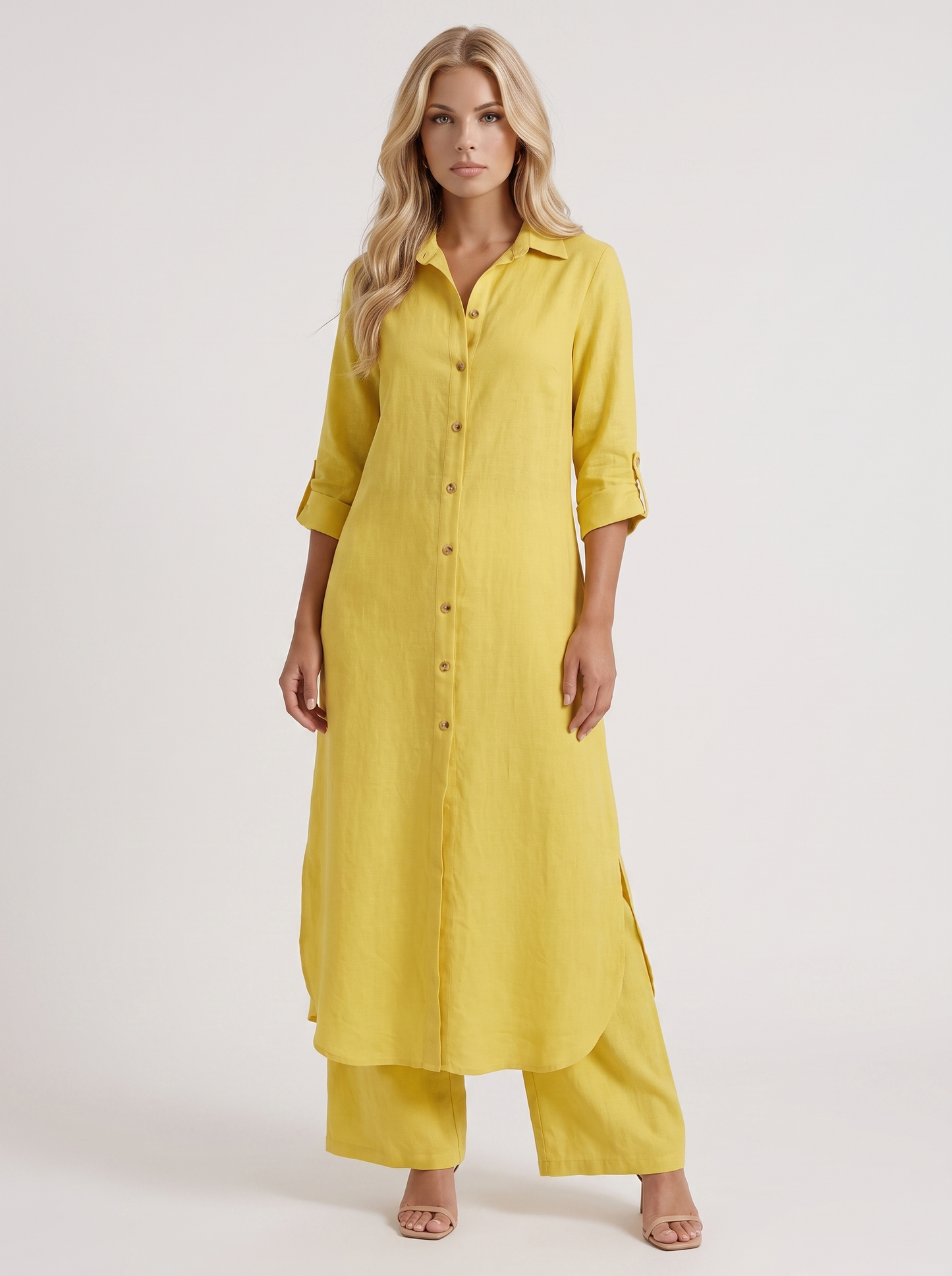Women yellow pants set with long collared shirt and button front