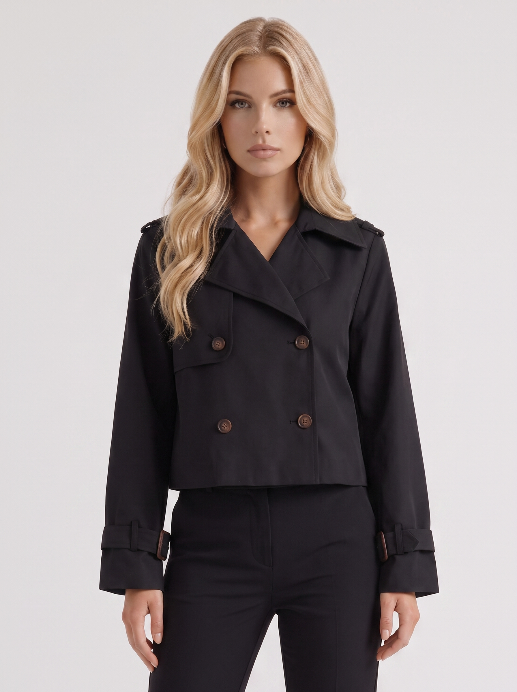 Women's black short trench with notch lapel and turn back cuffs