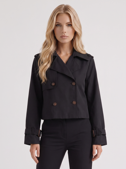Women's black short trench with notch lapel and turn back cuffs