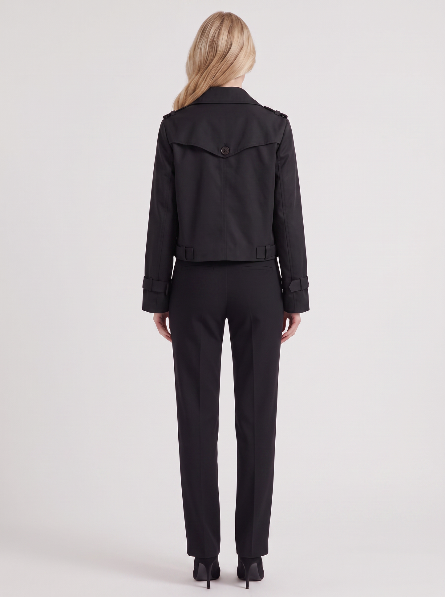 Women's black short trench with notch lapel and turn back cuffs