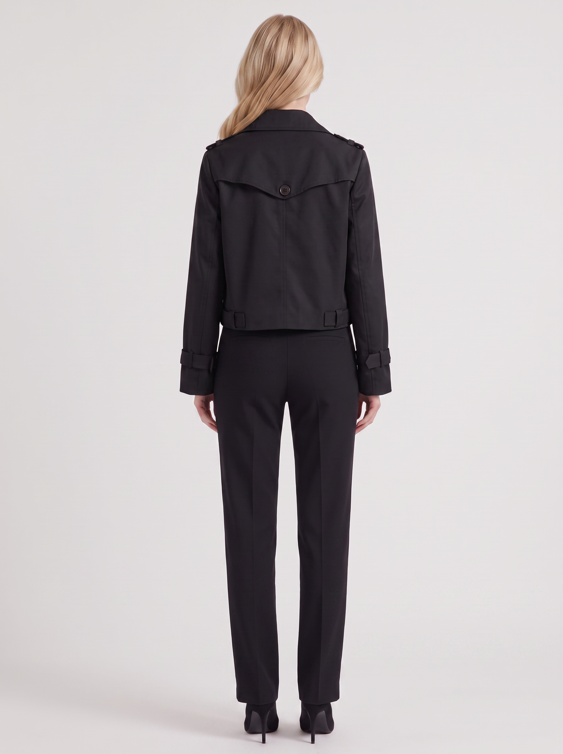 Women's black short trench with notch lapel and turn back cuffs